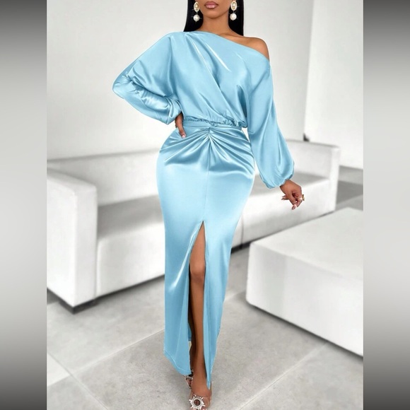 Luxe long sleeve slit thigh party formal evening satin dress - Picture 2 of 6